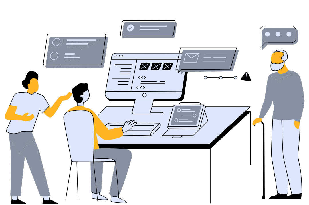 Ilustración de equipo desarrollando páginas web con íconos de mensajes y programación, ejemplo de soluciones digitales de nubefactory para turismo y servicios en México