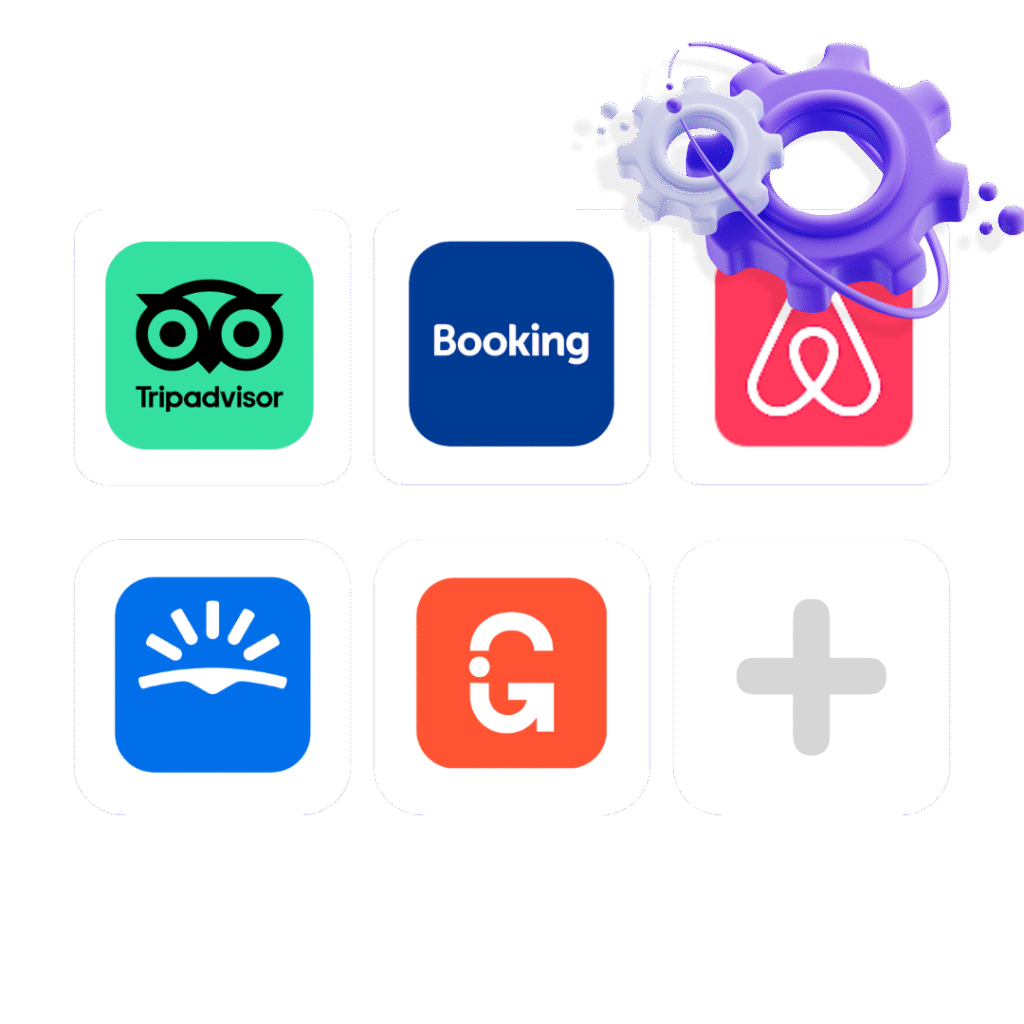 Logotipos de OTAs como Tripadvisor, Booking y Airbnb con engranaje, ilustración de la importancia de las agencias de viajes online para hoteles y servicios turísticos en México