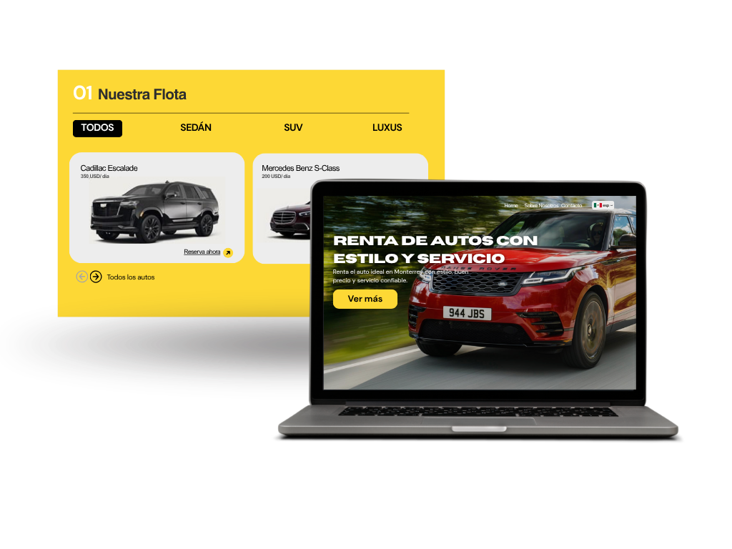 Laptop mostrando diseño web de agencia de renta de autos con catálogo de vehículos y reservas online, ejemplo de soluciones digitales de nubefactory en México