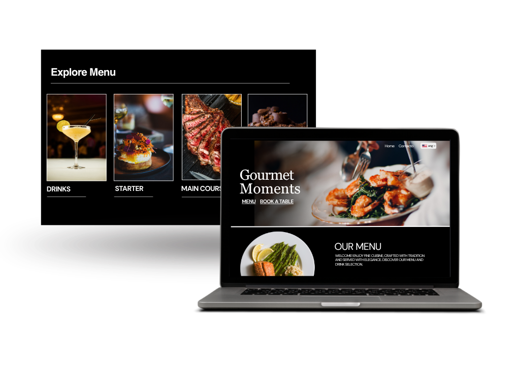 "Computadora portátil mostrando diseño web de restaurante con menú digital y reservas online, ejemplo de soluciones de nubefactory en México