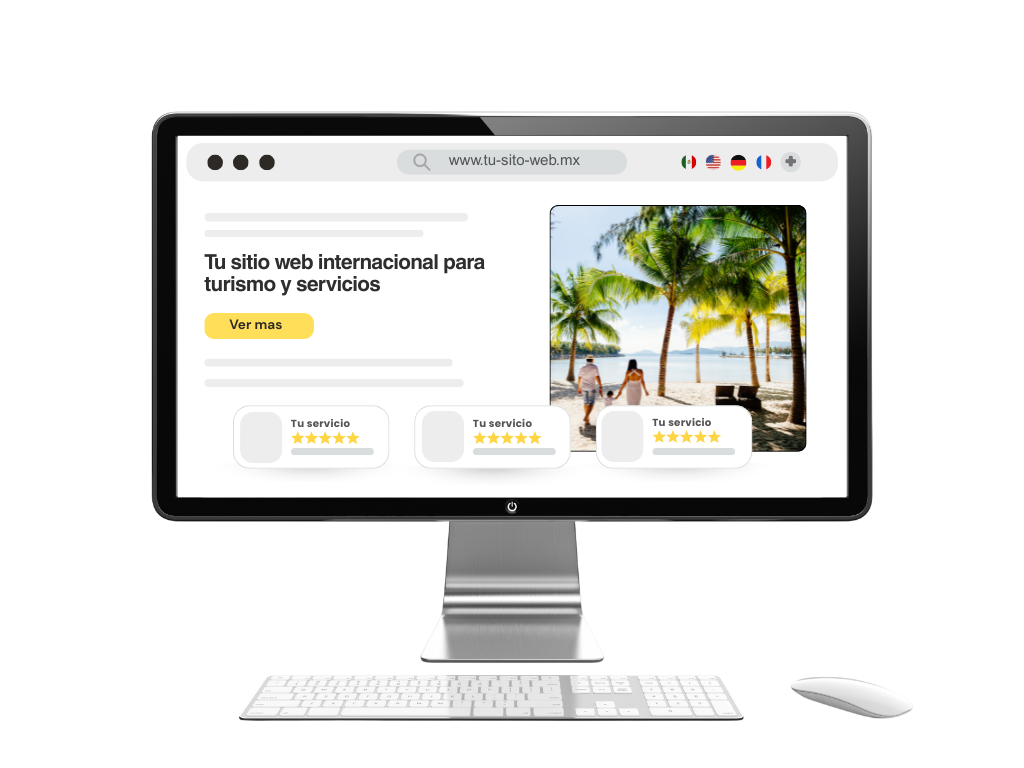 Pantalla de computadora mostrando página web internacional para turismo y servicios con imagen de playa, ejemplo de diseño web de nubefactory en México